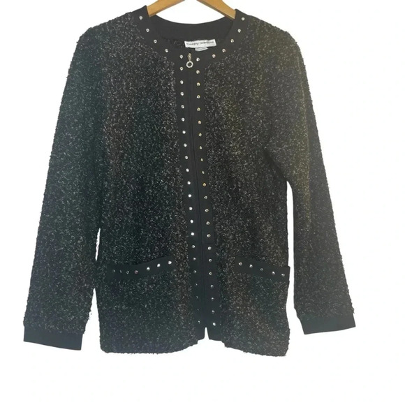 Cathy Daniels Black Gray Tweed Boucle Cardigan Sweater Jacket Full Zip Medium - Picture 1 of 10